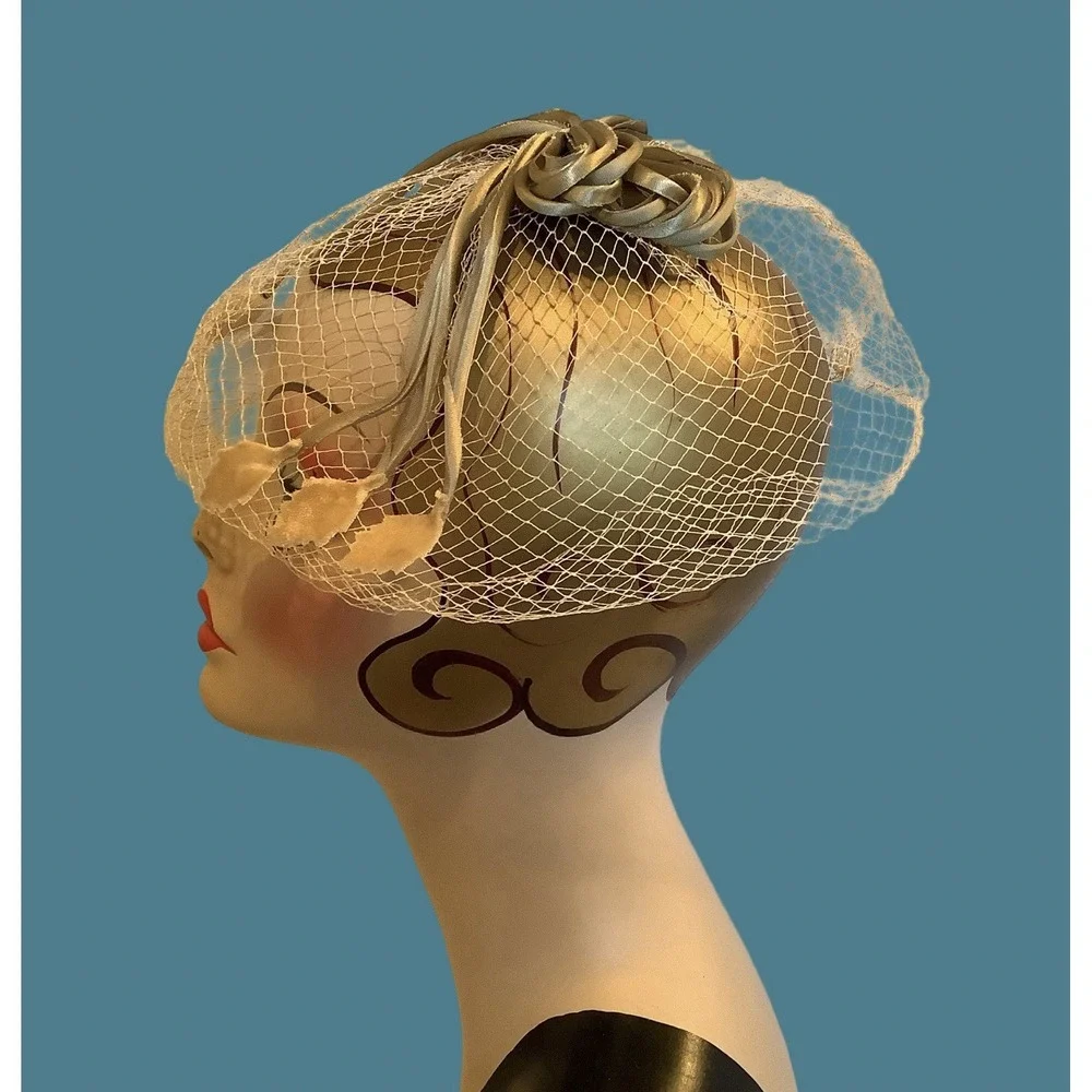 Vintage Hairpiece Green Netting Satin Bow Formal Party Wedding